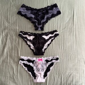 3 x Victoria's Secret Luxe Neutral Black White Gray Lace Panties Cheeky Satin